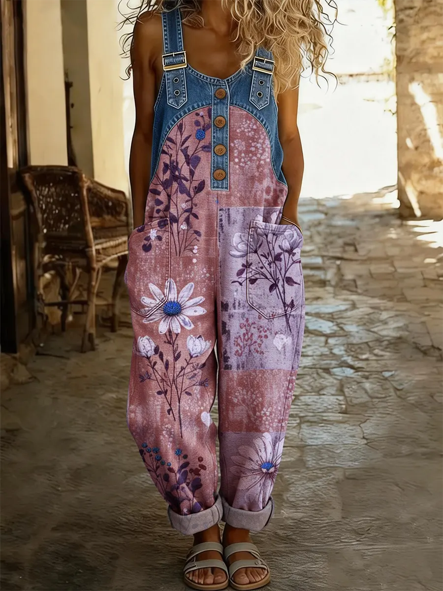Combinaison en jean patchwork Maréa de Danoir Paris avec imprimé floral, style décontracté et tendance, vue de face.