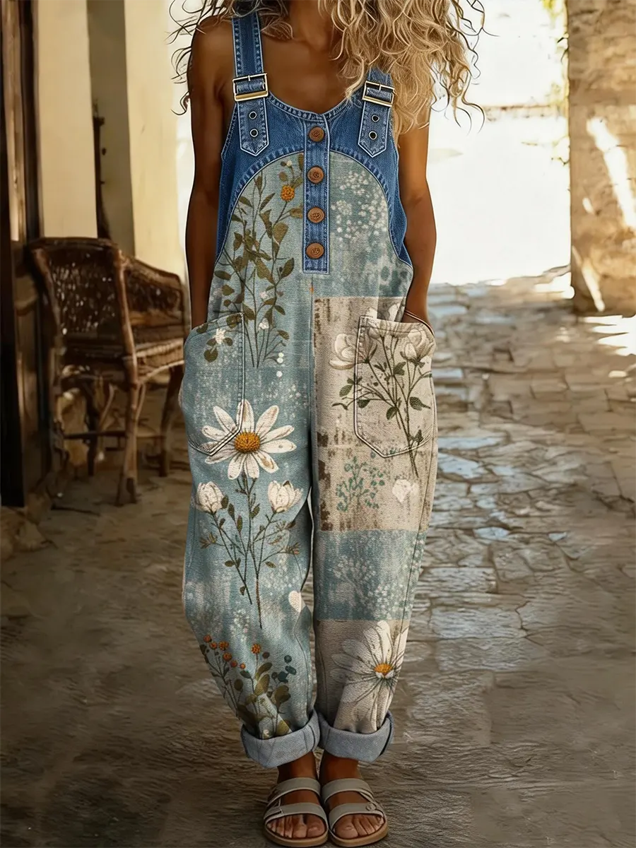 Combinaison en jean patchwork Maréa avec imprimé floral Danoir Paris, manches longues et coupe décontractée.