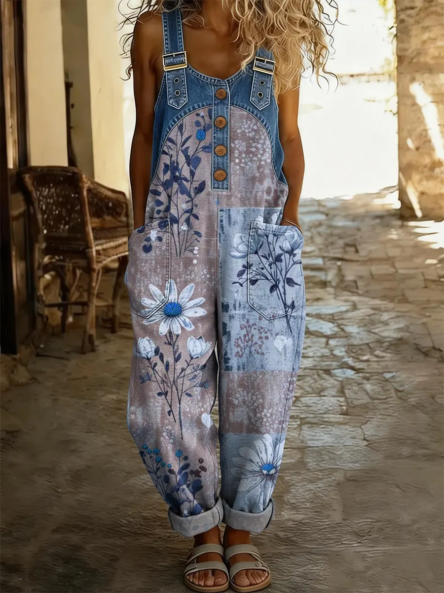Combinaison en denim patchwork Maréa Danoir Paris avec imprimé floral, manches longues et coupe décontractée.