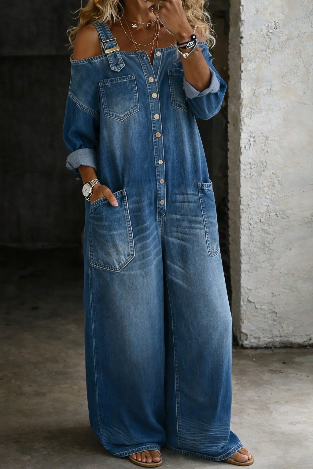 Combinaison en jean Sophia à épaules dénudées de Danoir Paris, multicolore, style décontracté et tendance.