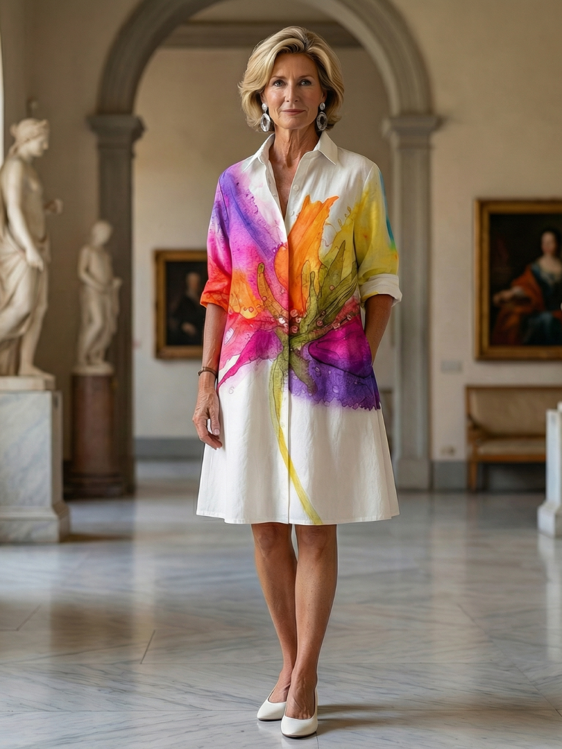 Robe Danoir Paris Ulyssa Painted Garden avec motifs colorés, courte, en tissu léger et fluide, portée sur mannequin.