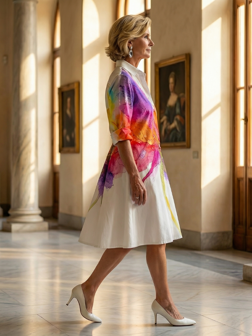 Robe d'été peinte en jardin multicolore Danoir Paris, modèle Ulyssa, avec motifs floraux et coupe fluide.