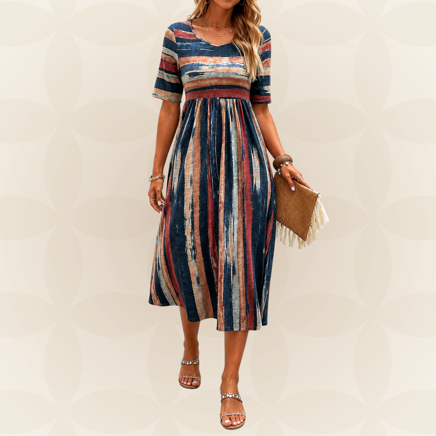 Robe midi rayée camouflante du ventre Noèle par Danoir Paris, mannequin portant la robe avec motif rayé noir et blanc.