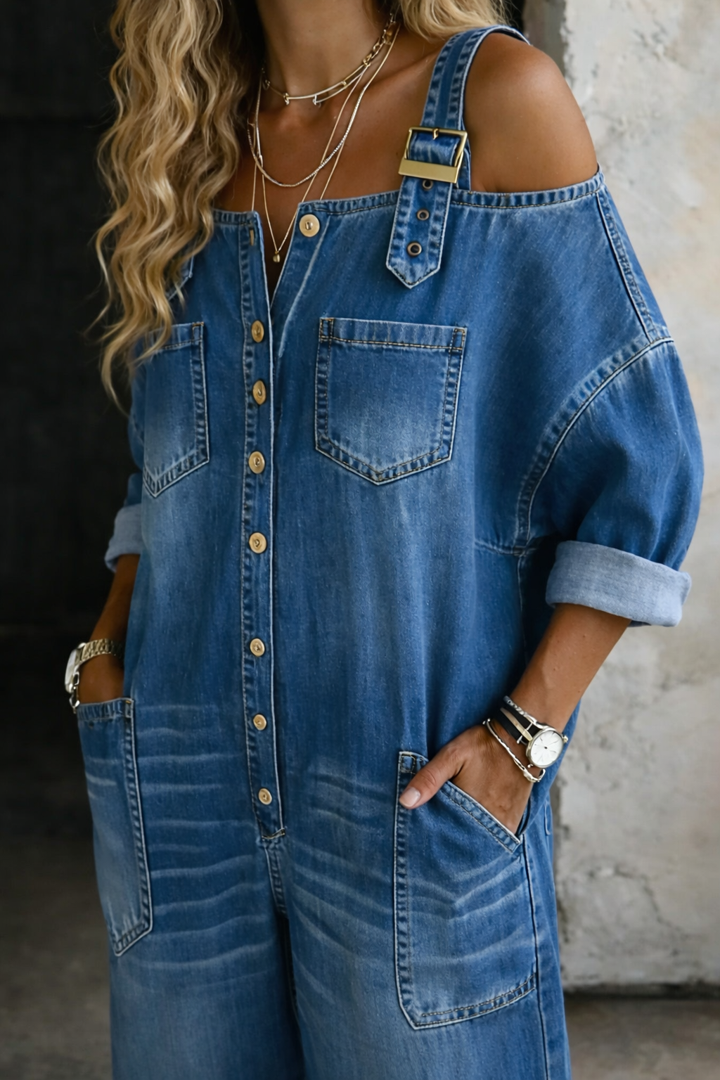 Combinaison en jean Sophia de Danoir Paris avec épaules dénudées, coupe tendance et détails modernes visible sur l'image.