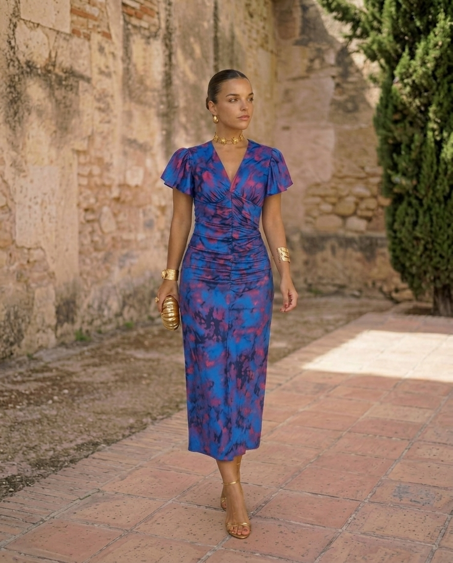 Robe midi imprimée Carla avec manches bouffantes de Danoir Paris sur un mannequin.