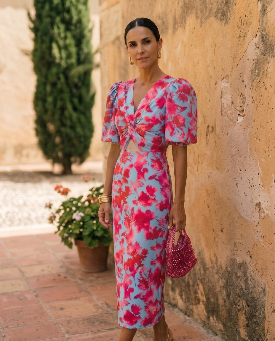 Robe midi Danoir Paris Carla avec imprimé floral et manches bouffantes, vue de face sur mannequin.