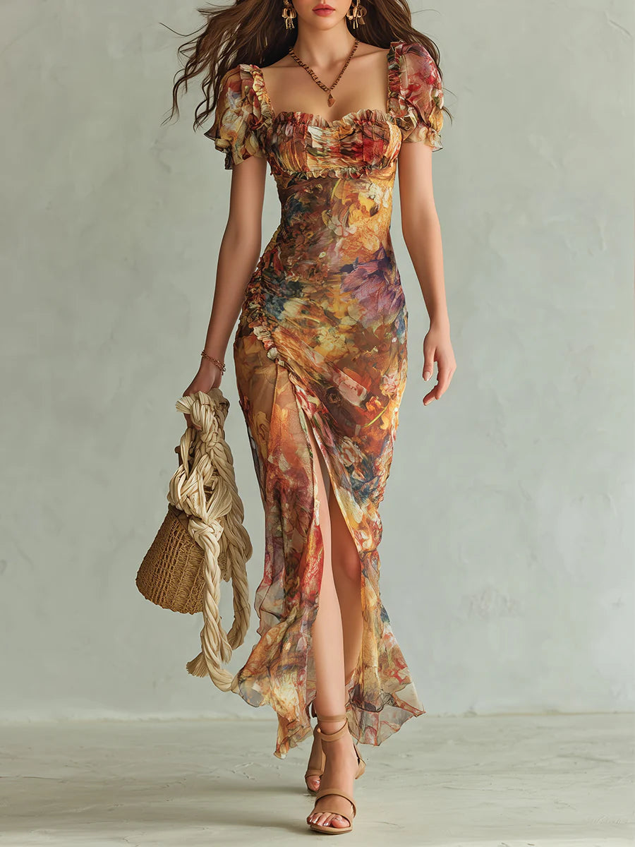 Robe longue Danoir Paris Viola avec motif peinture à l'huile style bohème, couleur orange, tissu fluide et élégant.