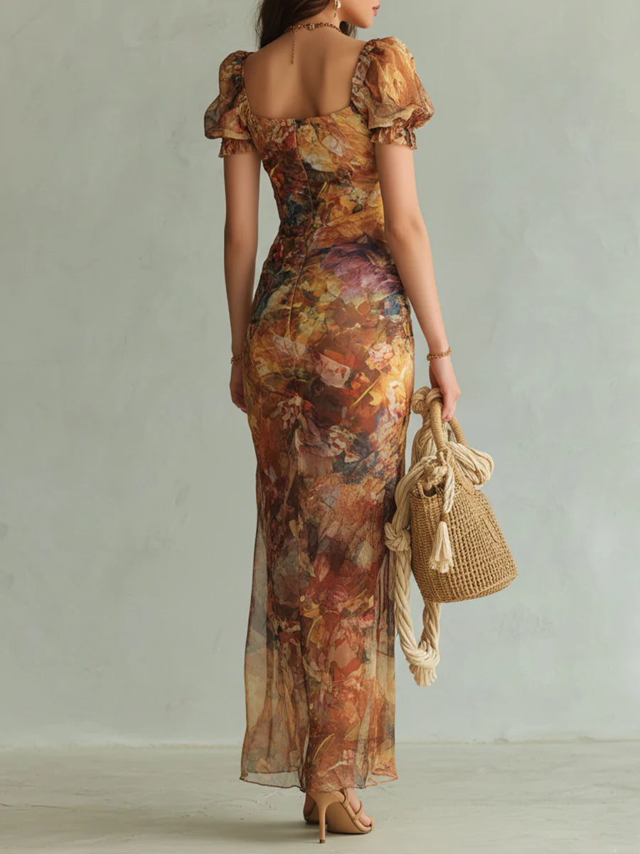 Robe longue Danoir Paris Viola avec imprimé peinture à l'huile de style bohème, couleur orange, taille XS.