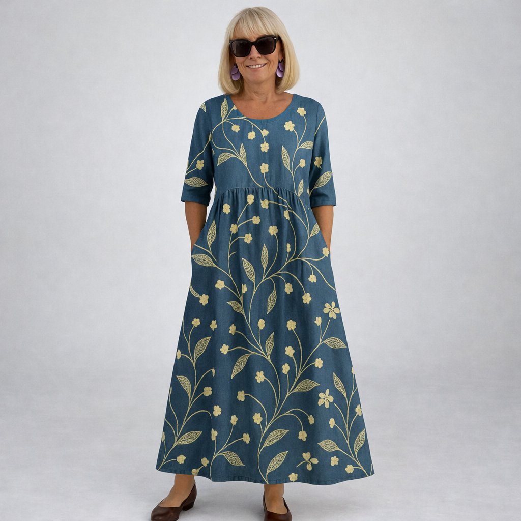 Robe midi florale Brittany de Danoir Paris avec poches, silhouette élégante et motif floral coloré, vue de face.