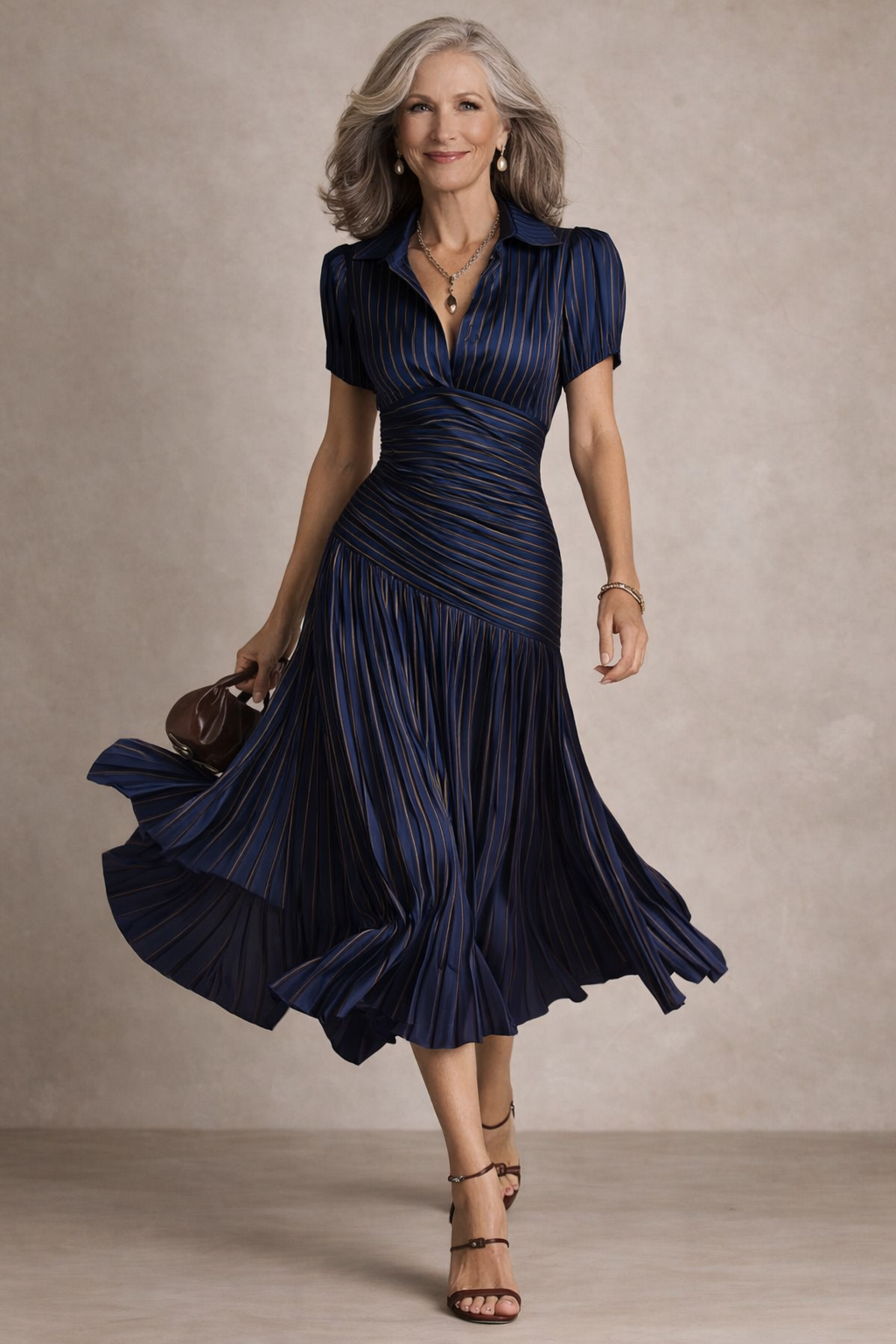 Robe midi Heidi™ de Danoir Paris en tissu bleu foncé, élégante avec coupe fluide et détails modernes.
