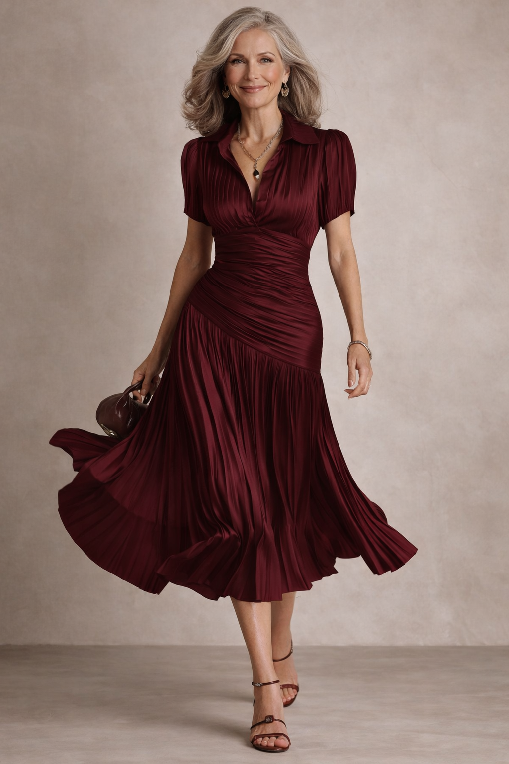Robe midi Heidi™ de Danoir Paris en tissu rouge bordeaux, élégante et fluide, portée sur un mannequin.