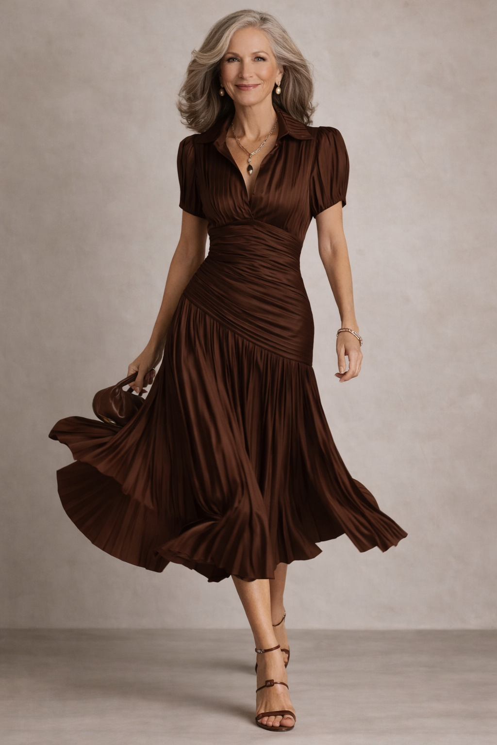 Robe midi Heidi™ de Danoir Paris en tissu brun, élégante avec coupe fluide et détails tendance.