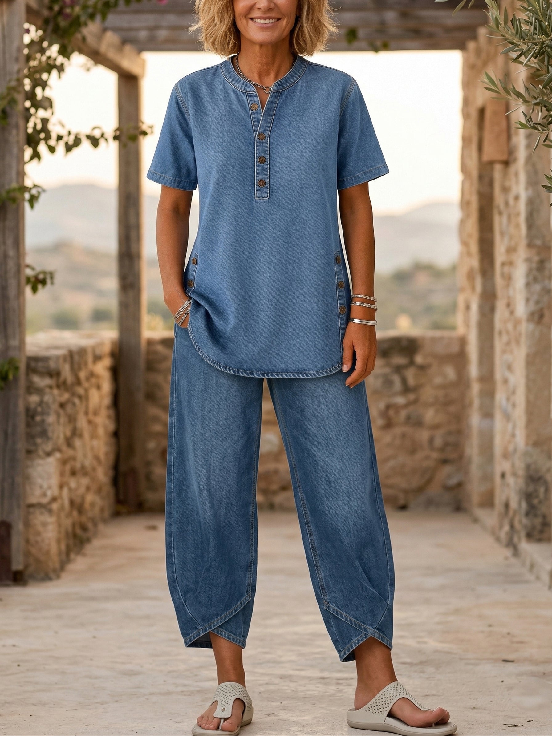 Ensemble deux pièces en denim pour femmes à manches courtes de Danoir Paris, couleur marine, vue de face.