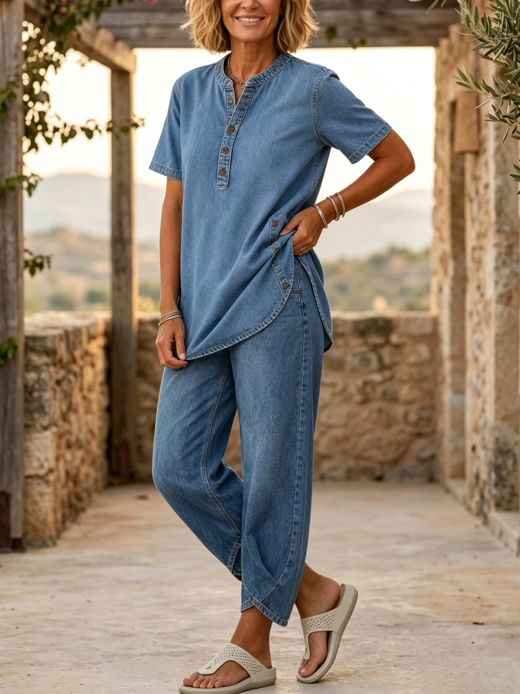 Ensemble deux pièces en jean pour femmes avec manches courtes, de couleur marine, par Danoir Paris, vue de face.