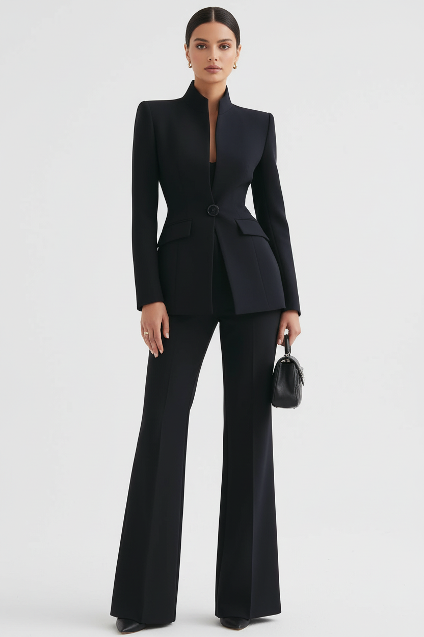 Veste blazer noire et pantalons palazzo Danoir Paris, tenue complète élégante pour femmes, vue de corps entier.