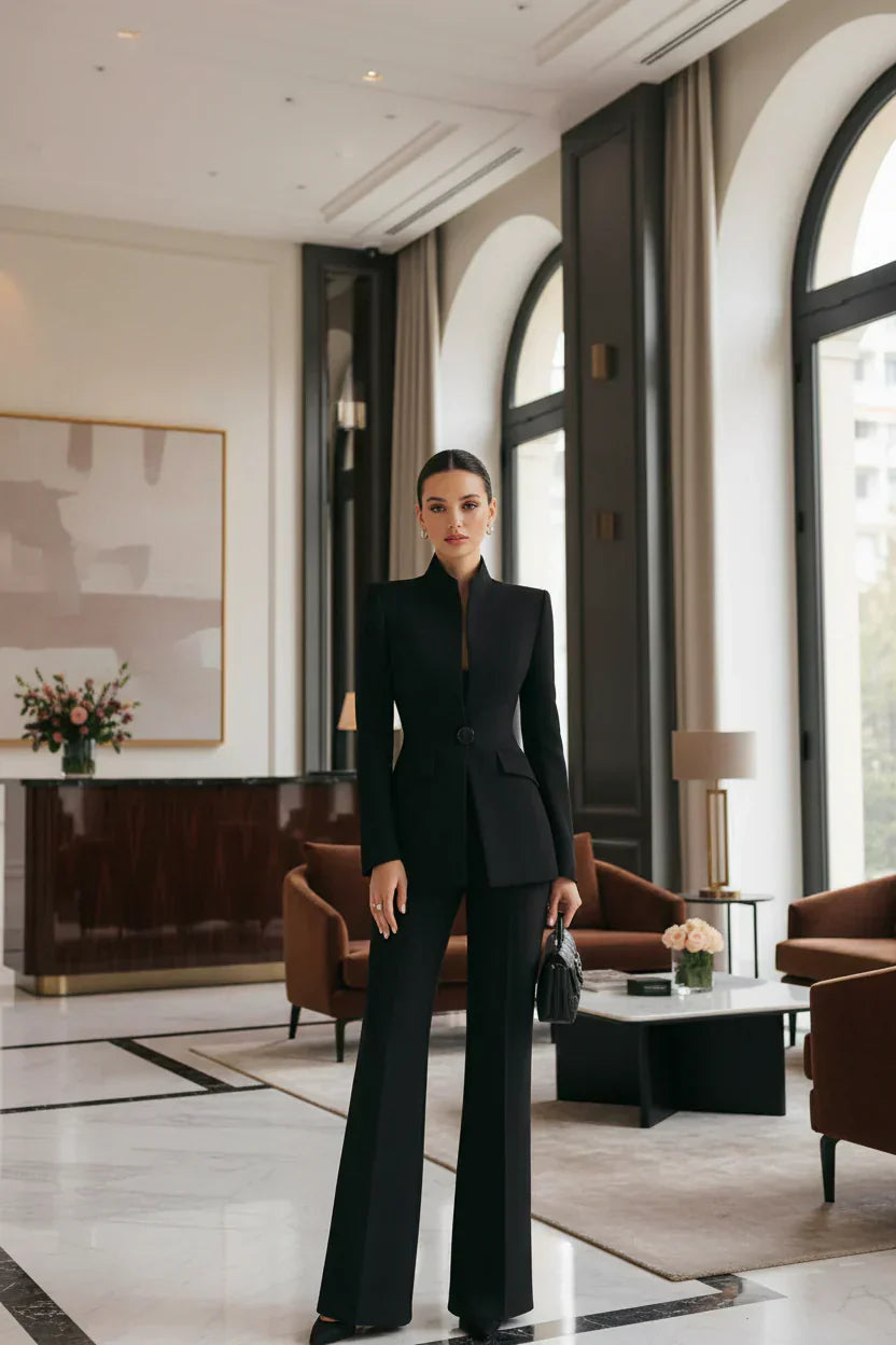 Veste blazer beige et pantalons palazzo élégants Danoir Paris dans un style lifestyle hôtel et boutique.