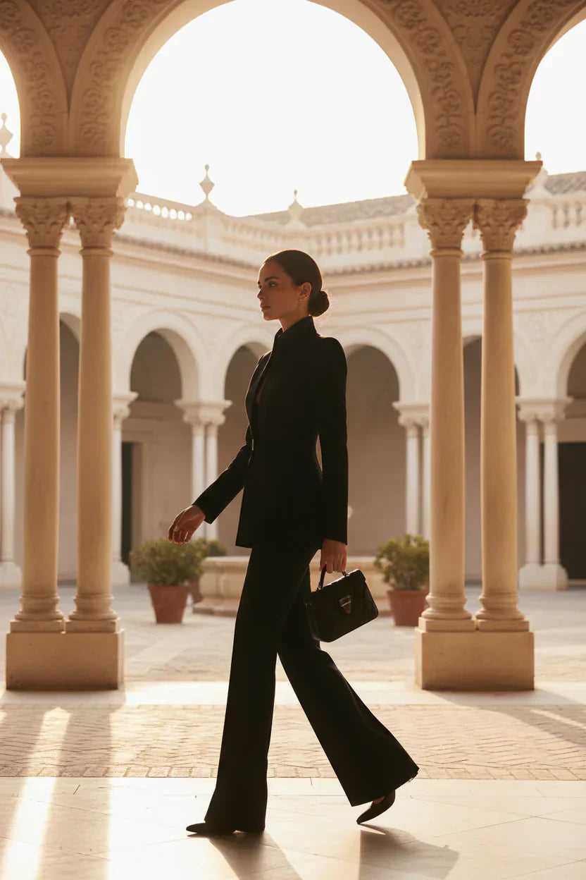 Veste blazer et pantalons palazzo Danoir Paris en style décontracté, porté dans un cadre extérieur élégant.
