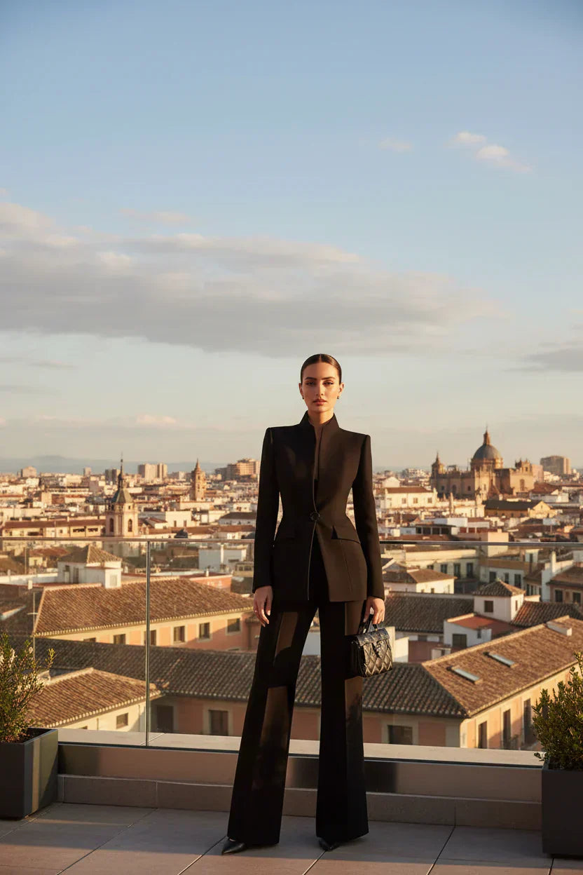 Veste blazer et pantalons palazzo Danoir Paris dans un style urbain, portée en mode lifestyle sur un toit en ville.