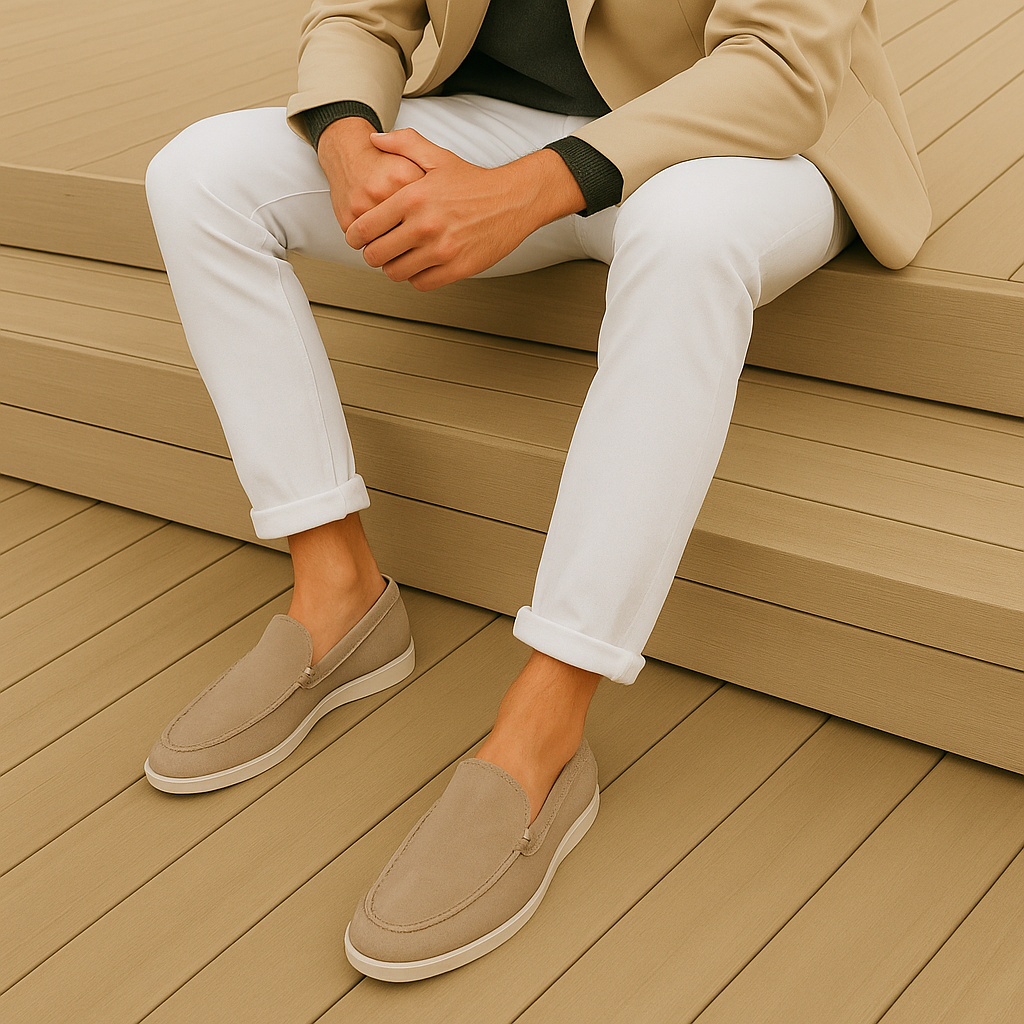 Mocassins élégantes Danoir Paris en daim premium, finition raffinée et style sophistiqué, vue de face sur fond neutre.