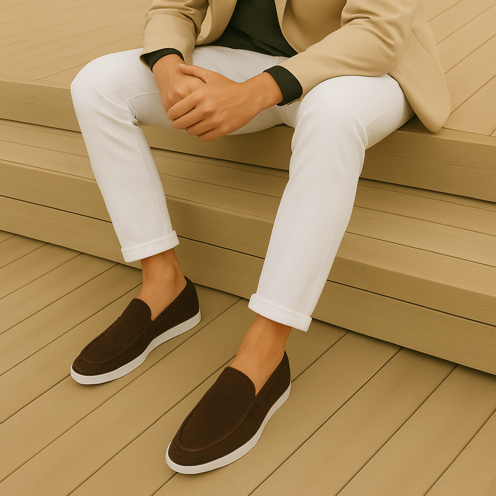 Mocassins élégantes Danoir Paris en daim premium, finition soignée, avec semelle en cuir, pour un style sophistiqué.
