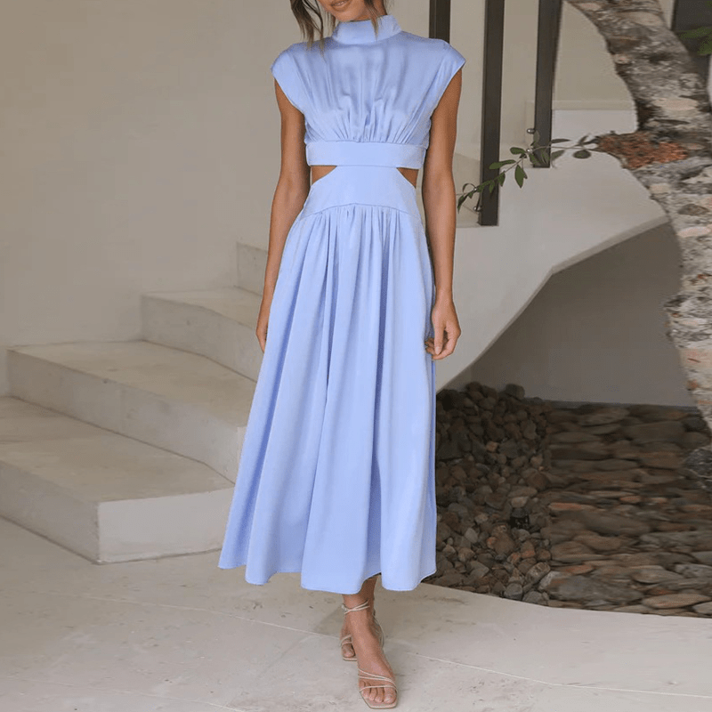 Robe longue élégante sans manches Blaise de Danoir Paris, style plissé, col montant, idéale pour l'été et les occasions spéciales.