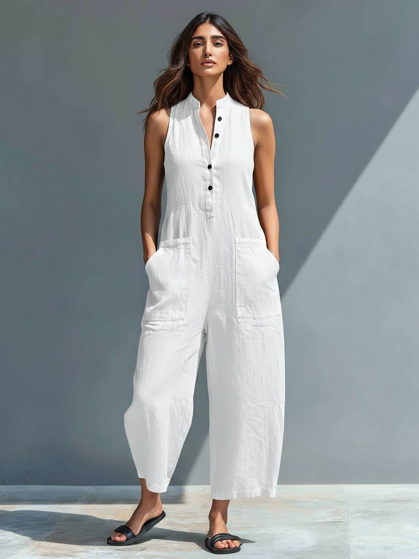 Combinaison sans manches en lin élégante de Danoir Paris, design clair et sophistiqué pour un look chic et décontracté.