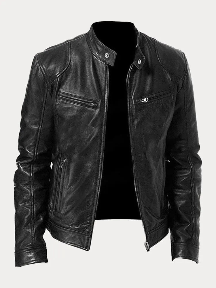 Veste en cuir Danoir Paris™ noire avec col en laine, fermeture éclair, style élégant et moderne.