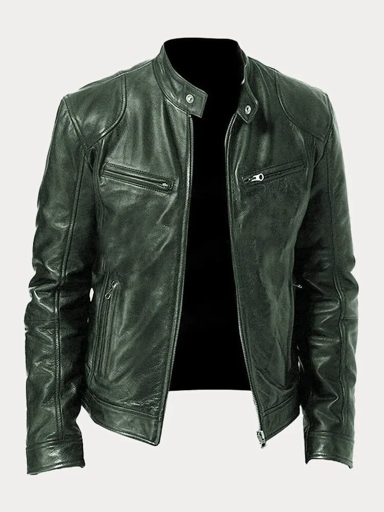 Veste en cuir Danoir Paris™ de couleur argile, style élégant avec fermeture éclair et détails modernes.