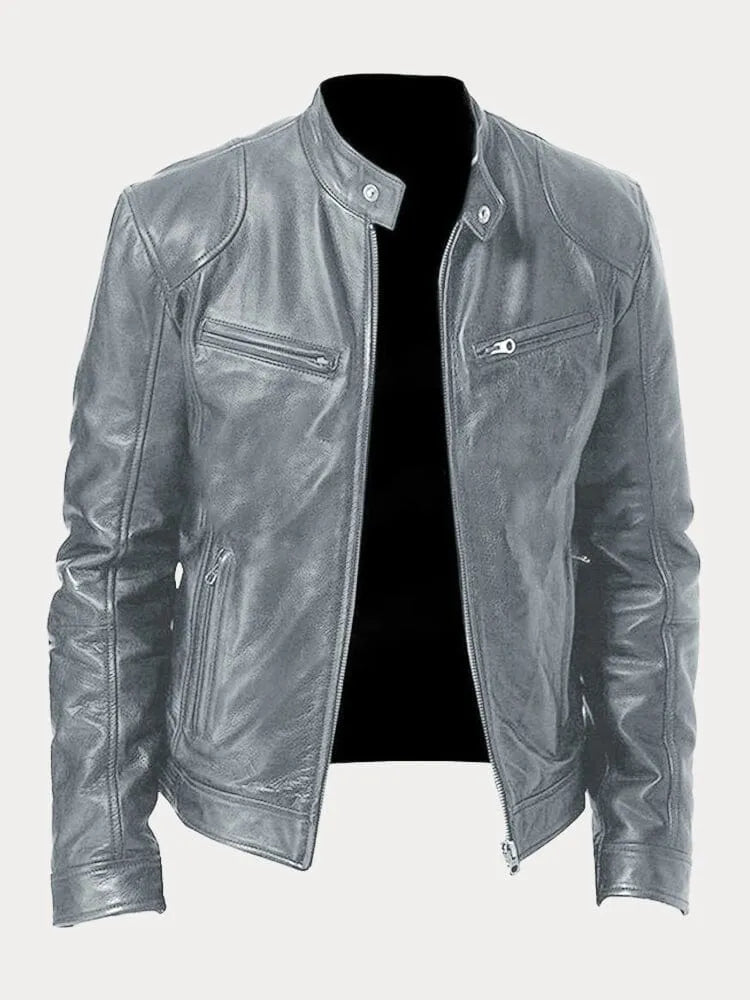 Veste en cuir Danoir Paris™ avec col montant et fermeture à boutons, vue de face, en cuir noir.