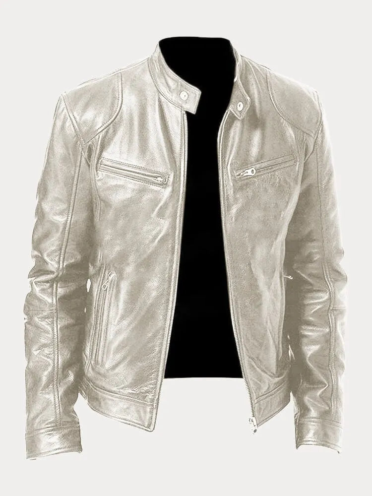 Veste en cuir Danoir Paris, style élégant, visible avec fermeture éclair et détails en cuir souple, portée sur un mannequin.