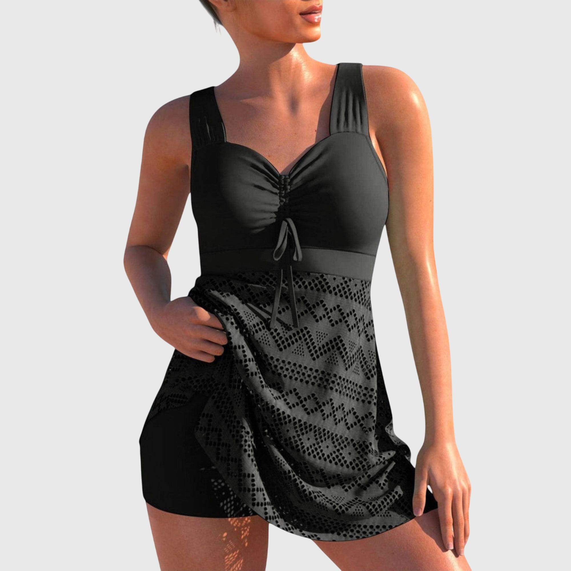 Maillot de bain deux pièces Isabella avec jupe de Danoir Paris, design élégant avec motifs floraux et bretelles ajustables.