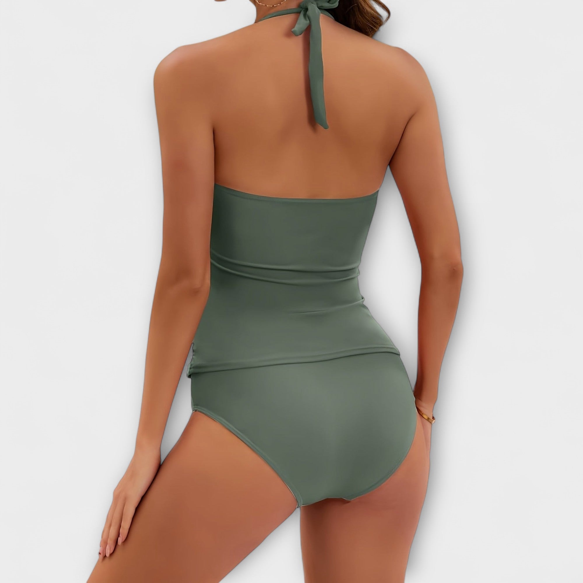Maillot de bain deux pièces noir Sienna de Danoir Paris, vue de face avec détails du haut et du bas.