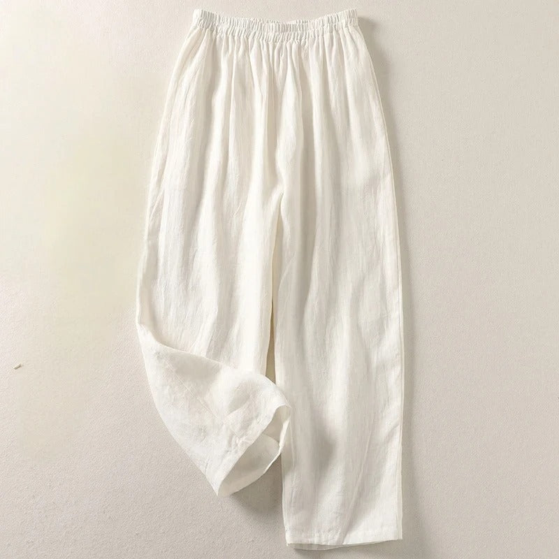 Pantalon fluide Amalia™ en coton et lin de Danoir Paris, vue de face, léger et confortable, couleur neutre.