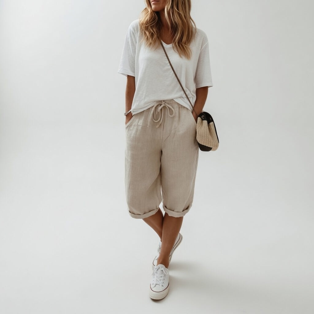Pantalon Fernande™ Bermuda en coton 100 % pour femmes, style décontracté et estival, couleur kaki, marque Danoir Paris.