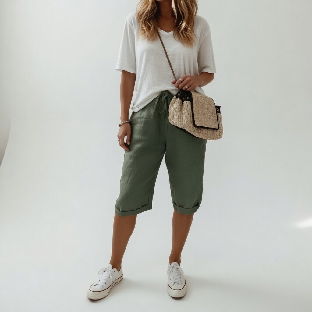 Pantalon décontracté Fernande™ Bermuda en coton vert pour femmes, style estival, marque Danoir Paris.