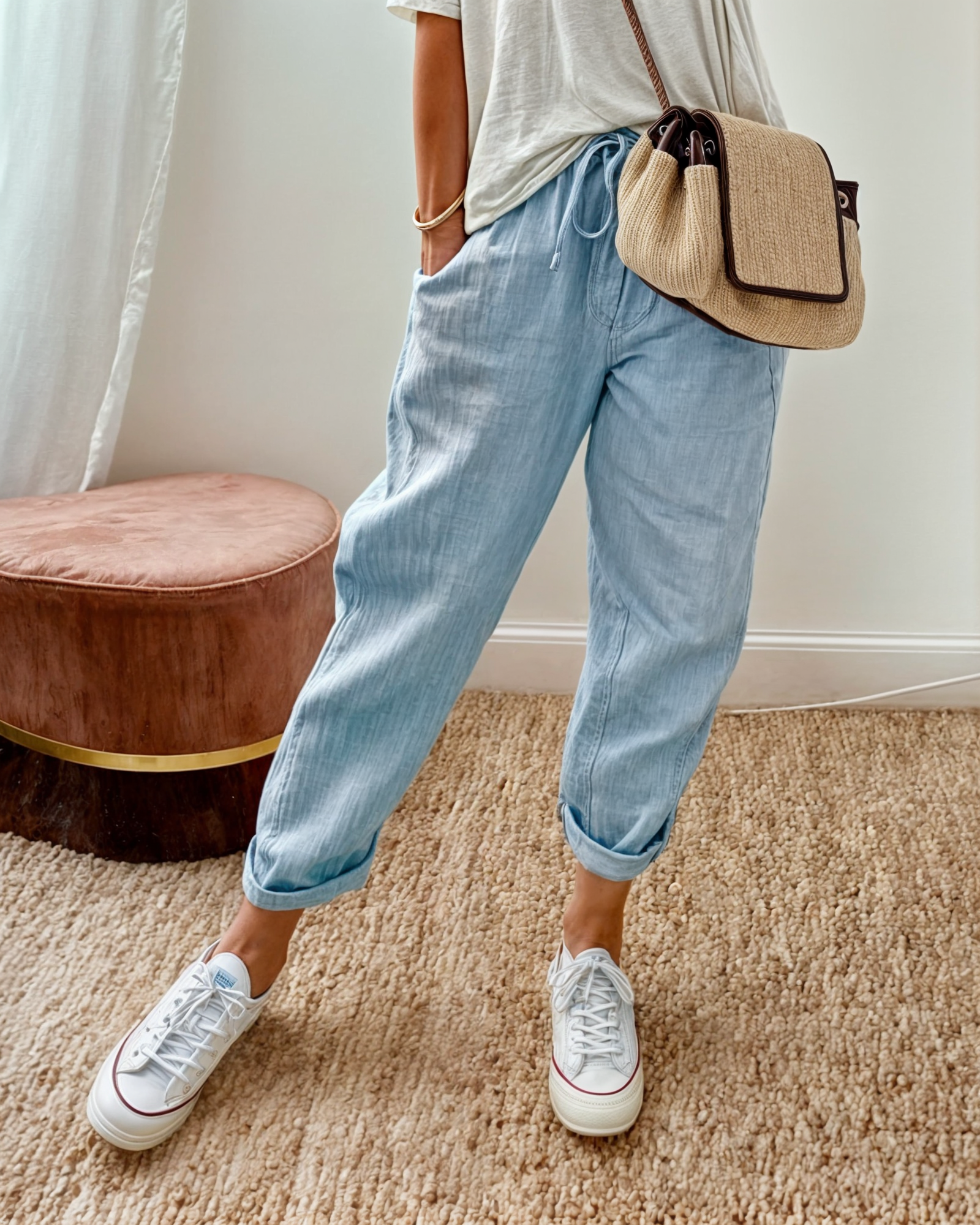 Pantalon chic et confortable Rosa de la marque Danoir Paris, en tissu léger, coloris rose, ajusté à la taille.
