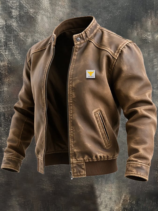 Veste en cuir vieilli marron de Danoir Paris, style classique, avec détails de couture visibles sur le mannequin.