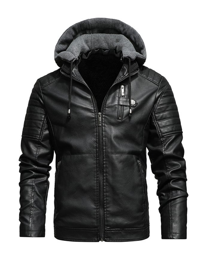 Veste zippée effet cuir à capuche doublée de Danoir Paris, style tendance avec détails en similicuir et doublure intérieure douce.