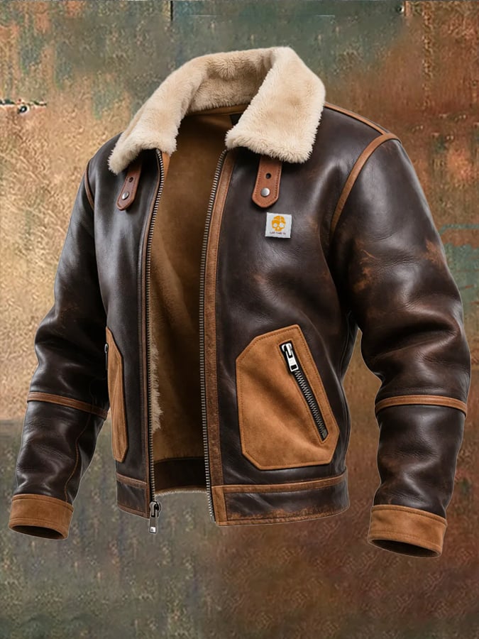 Veste chaude en cuir brun avec col sherpa de la marque Danoir Paris, style élégant et confort d'hiver.