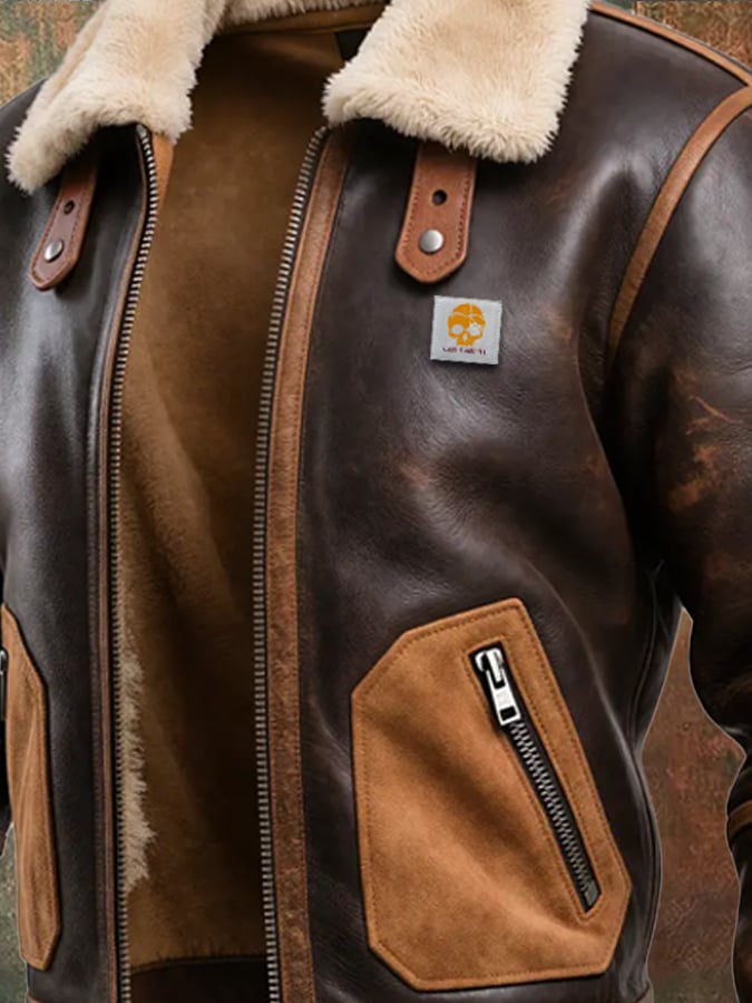 Veste chaude en cuir brun avec col sherpa de la marque Danoir Paris, vue de face avec détails du tissu et doublure intérieure.