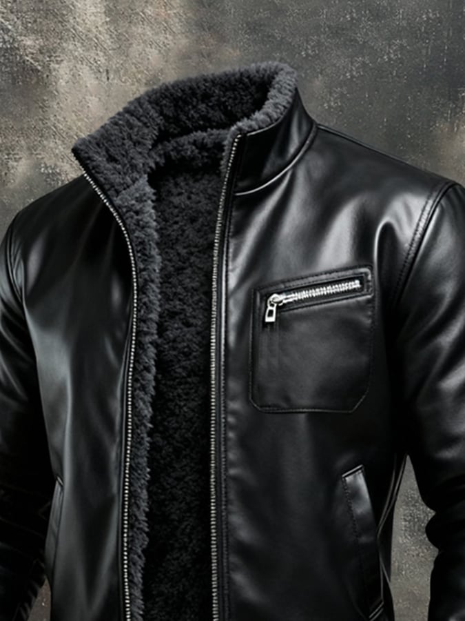 Veste chaude en cuir noir Maison Clément Paris™ avec doublure sherpa, style élégant et confortable, vue de face.