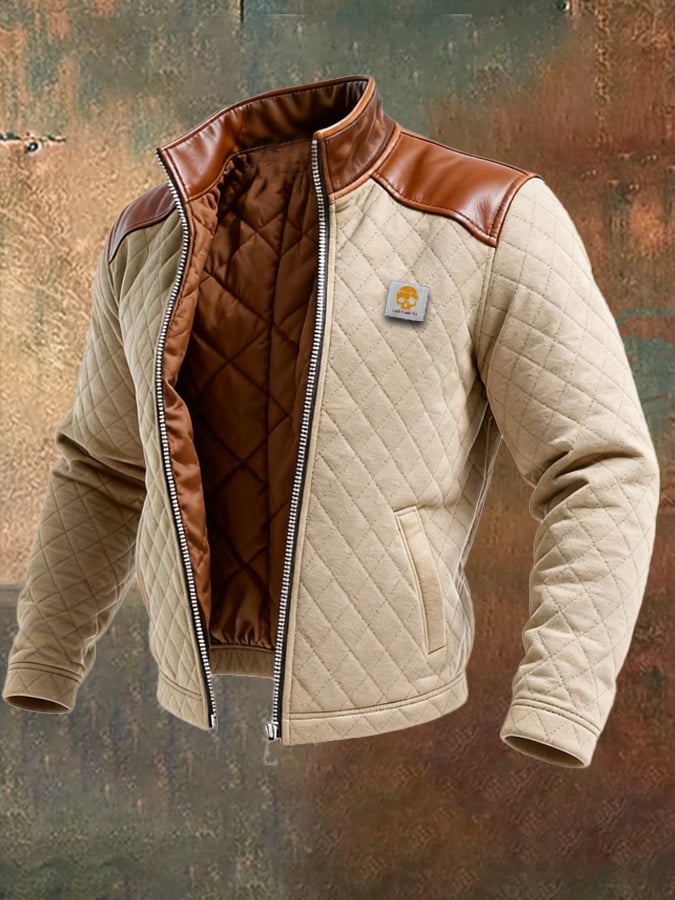 Veste matelassée beige Maison Clément Paris™ avec empiècements en cuir, style élégant et moderne.