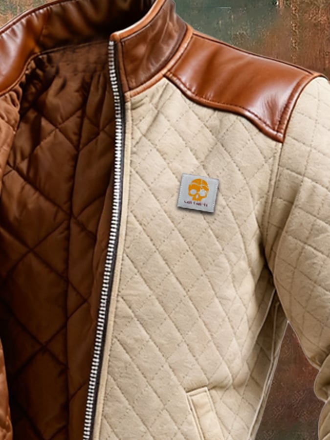 Veste matelassée beige Maison Clément Paris™ avec empiècements en cuir, style élégant et tendance, vue de face.
