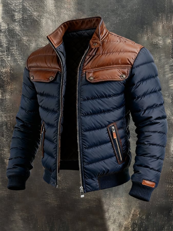 Veste matelassée bleu marine Maison Clément Paris avec empiècements en cuir, style élégant et sophistiqué.