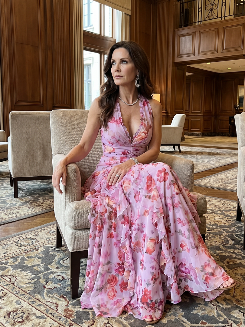 Robe maxi florale rose Danoir Paris avec col halter, corsage froncé et style élégante, vue de face.