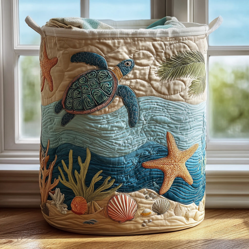 Panier à linge matelassé Coastal Harmony de Danoir Paris, design élégant en tissu quilté avec motifs marins.