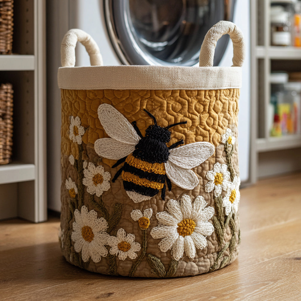 Panier à linge rembourré Daisy Bee de Danoir Paris, design quilté avec motif floral jaune et blanc.
