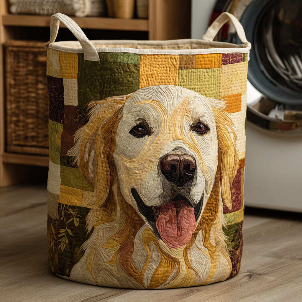 Panier à linge matelassé Danoir Paris avec motif de Golden Retriever souriant, idéal pour la chambre ou la salle de bain.