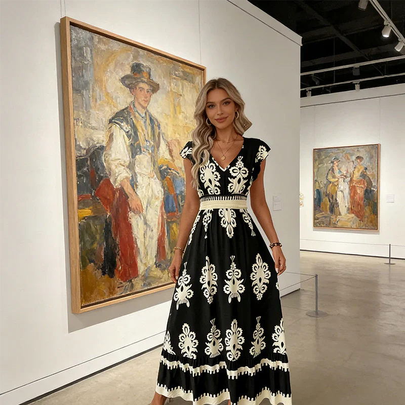 Robe maxi noire Danoir Paris Candela avec broderies baroques et décolleté en V, élégante et sophistiquée.
