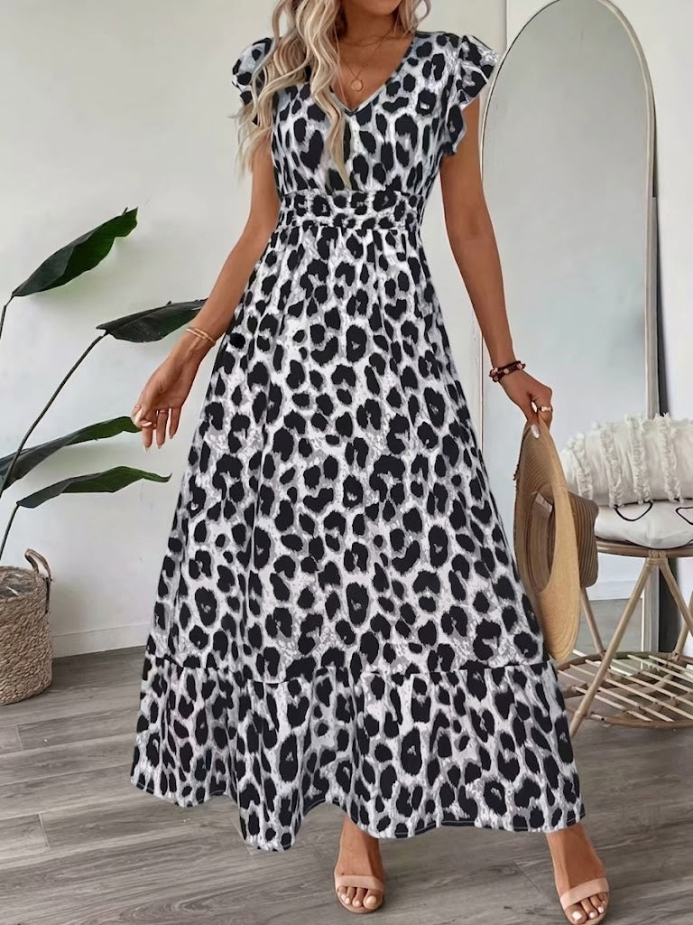 Robe maxi noire Danoir Paris Candela avec motif baroque et décolleté en V, élégante robe longue pour femmes.